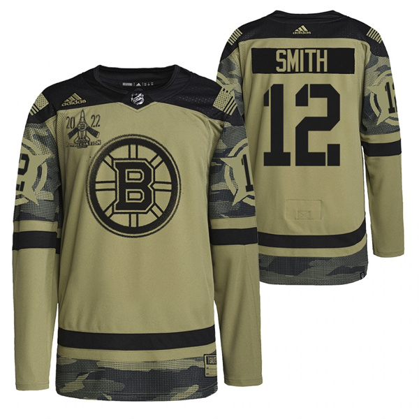 Men's Boston Bruins #12 Craig Smith 2022 Camo Military Appreciation Night Stitched Jersey Men's Boston Bruins #12 Craig Smith 2022 Camo Military Appreciation Night Stitched Jersey